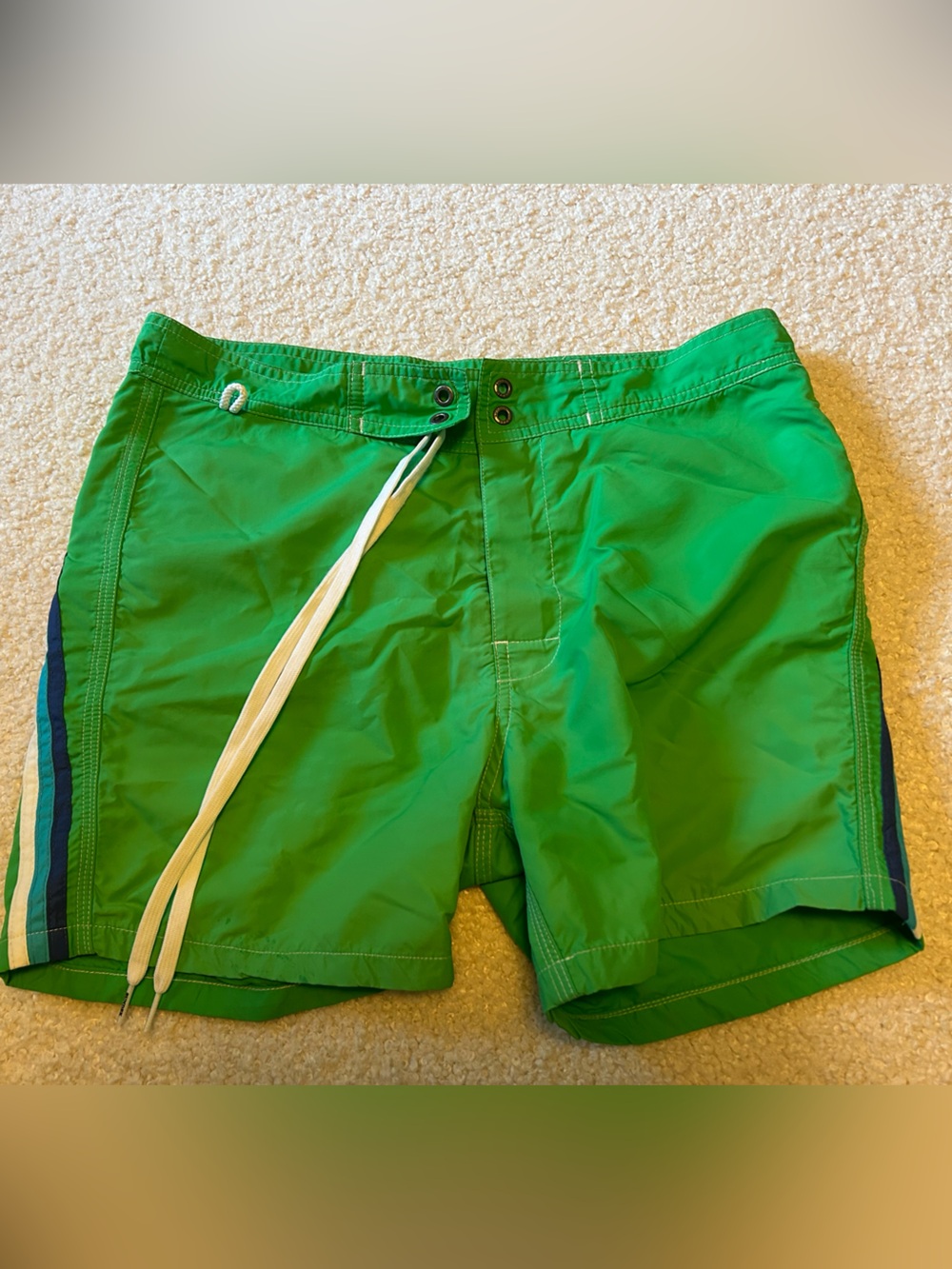 Sundek Green Swim Shorts with White Drawstring and Blue Stripe vintage